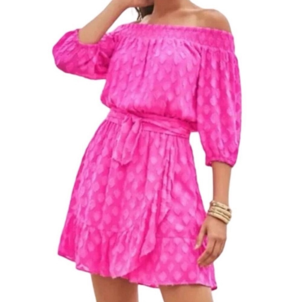 Lilly Pulitzer Rochelle Off-The-Shoulder Romper Dress Pink Polka Dot XS - Picture 2 of 5
